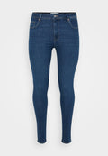 Dunkelblaue Skinny-Jeans aus Denim, mit einem klassischen Fünf-Taschen-Design, flachem Vorderteil und einem Metallknopfverschluss an der Taille.