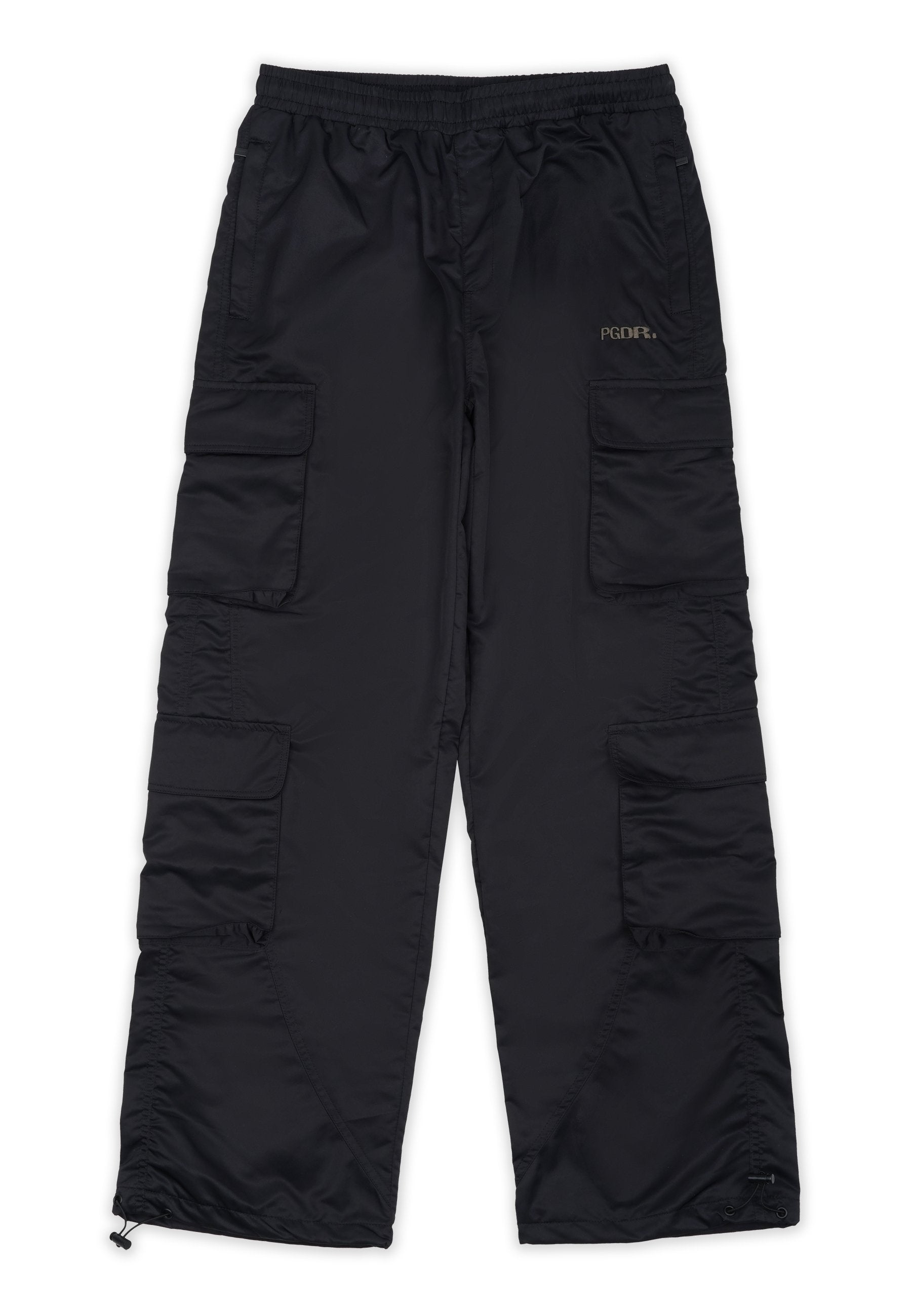 Schwarze Cargo-Hosen mit einem elastischen Bund, mehreren Seitentaschen und Reißverschlussabschlüssen. Aus glattem, leichtem Material gefertigt.