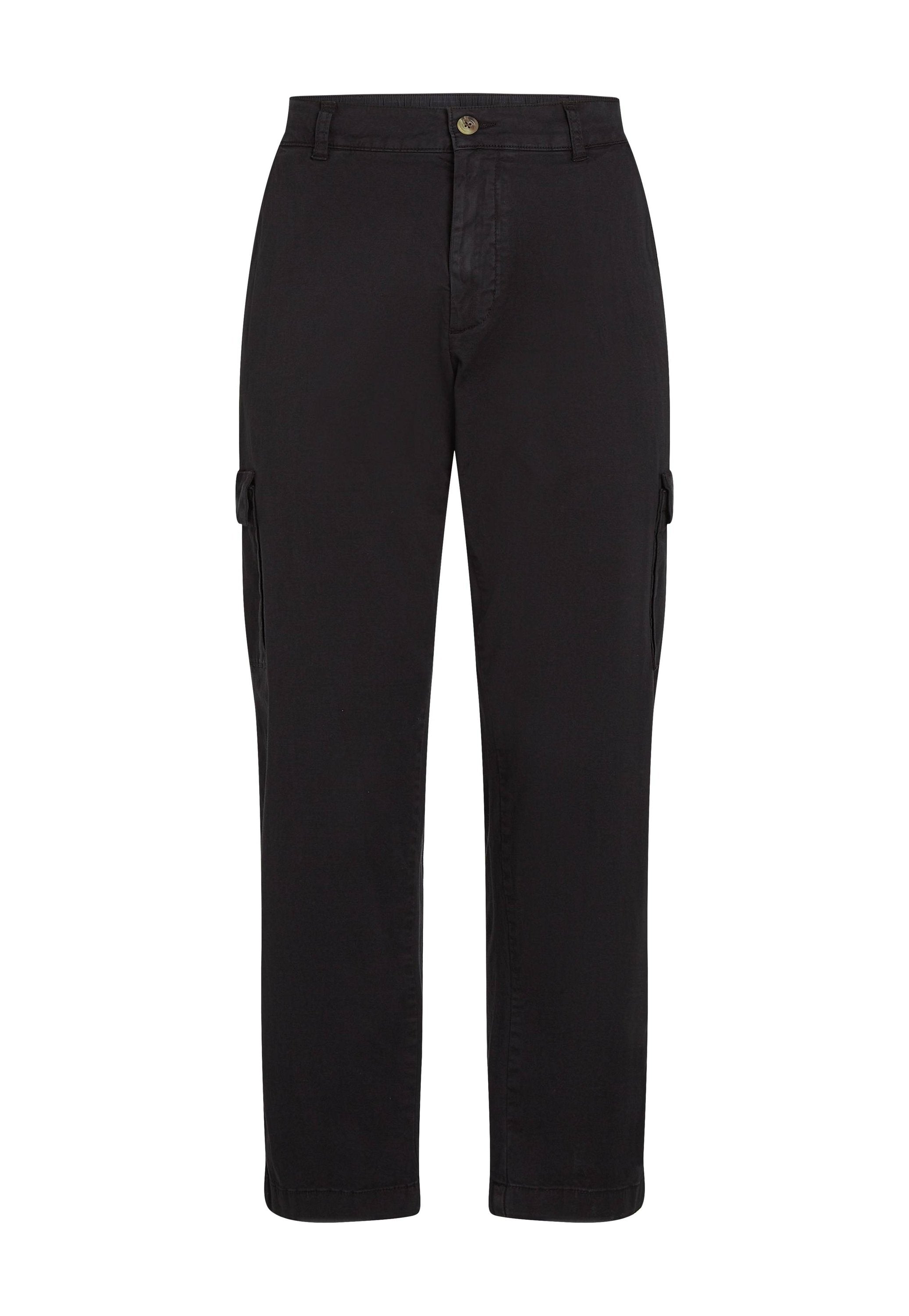 Schwarze Cargo-Hosen aus einem Baumwollmischgewebe, mit geradem Bein, Fronttaschen und Seitentaschen mit Knopfverschluss.