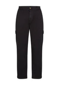 Schwarze Cargo-Hosen aus einem Baumwollmischgewebe, mit geradem Bein, Fronttaschen und Seitentaschen mit Knopfverschluss.