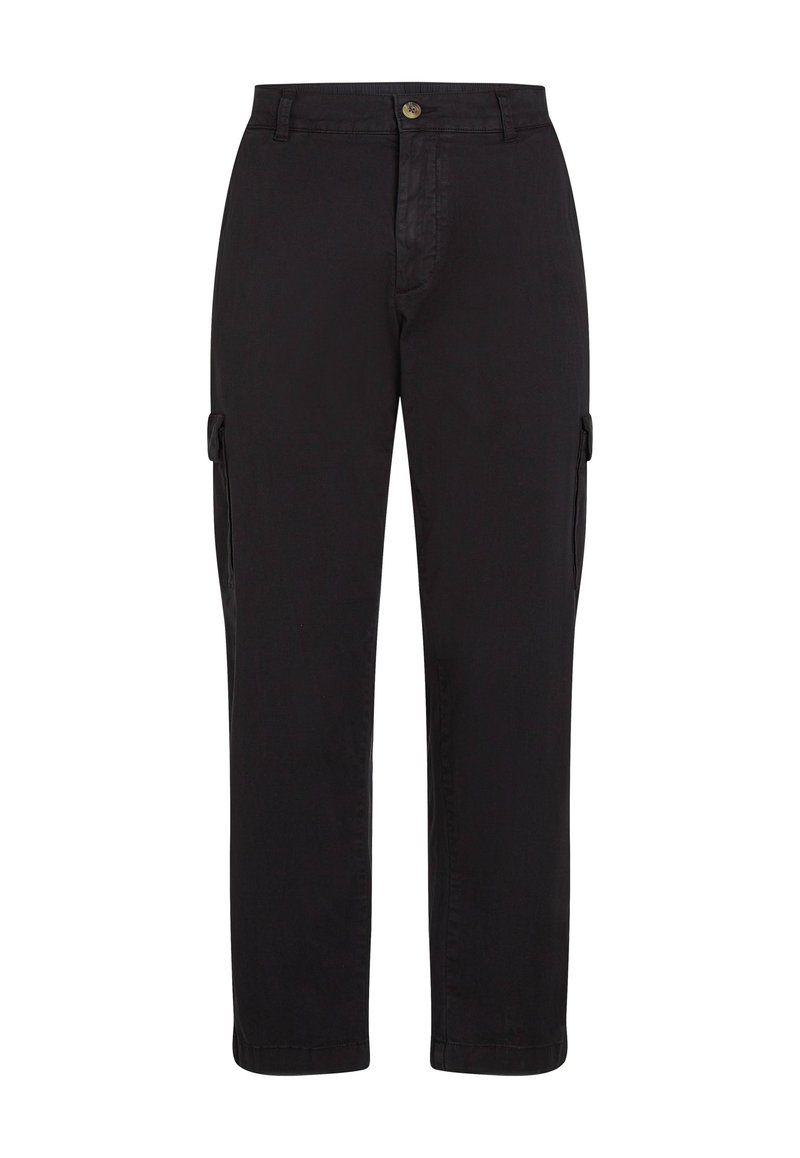 Schwarze Cargo-Hosen aus einem Baumwollmischgewebe, mit geradem Bein, Fronttaschen und Seitentaschen mit Knopfverschluss.