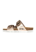 Rutschen-Sandalen mit zwei metallisch bronzeFarbenen Riemen, Korkfußbett und weißer Gummisohle. "BAYTON"-Logo seitlich aufgedruckt. Strukturierter Oberstoff.