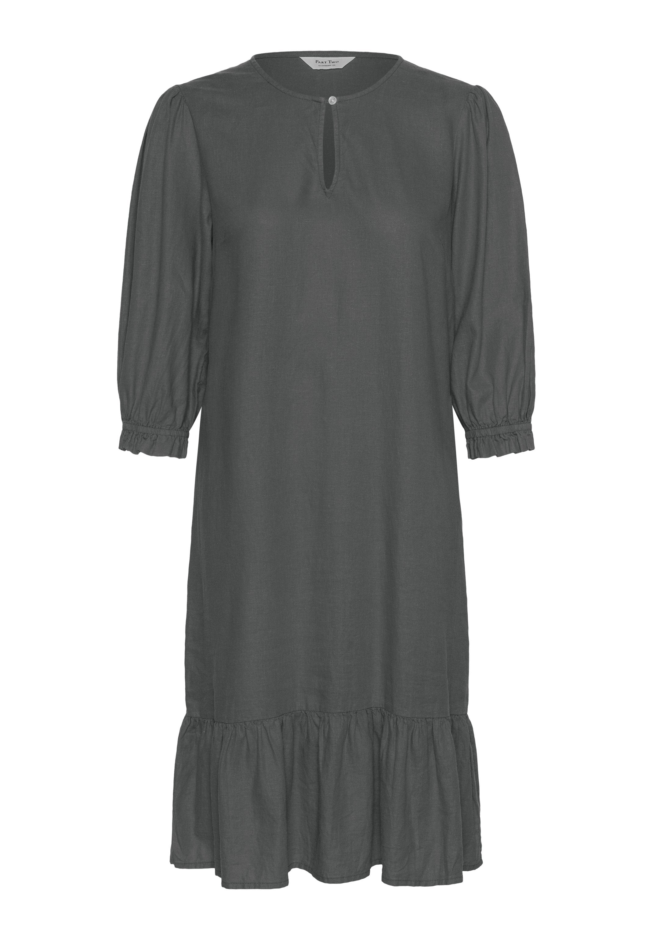 Graues, knielanges Kleid aus leichtem Stoff; verfügt über dreiviertel Puffärmel, einen Schlüssel-Ausschnitt und einen rüschierten Saum.