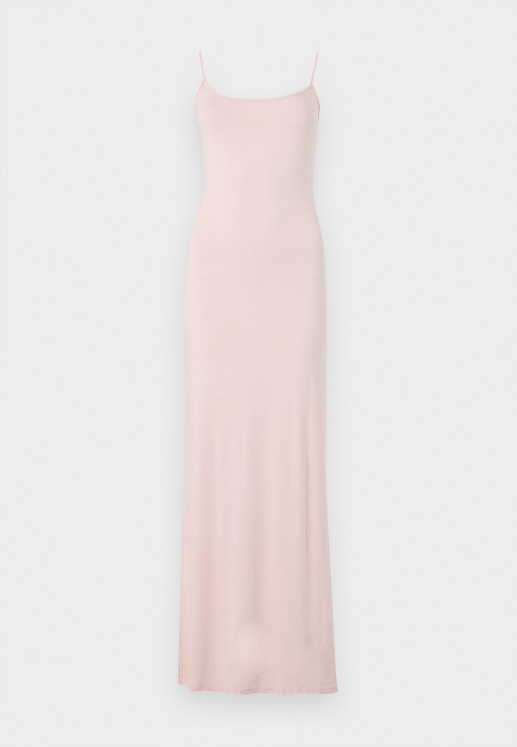 Rosa, ärmelloses Maxikleid mit tailliertem Oberteil und fließendem Rock. Hergestellt aus weichem, glattem Stoff mit minimalistischem Design und ohne sichtbare Muster.