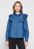 Jeanshemd mit Rüschenkragen und Knopfleiste, langärmlig und im entspannten Schnitt in einem mittleren Blauton.