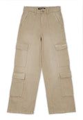 Beige Cargo-Hose aus Baumwolle mit lockerer Passform, ausgestattet mit mehreren Seitentaschen und einem Markenlogo auf der Vordertasche.