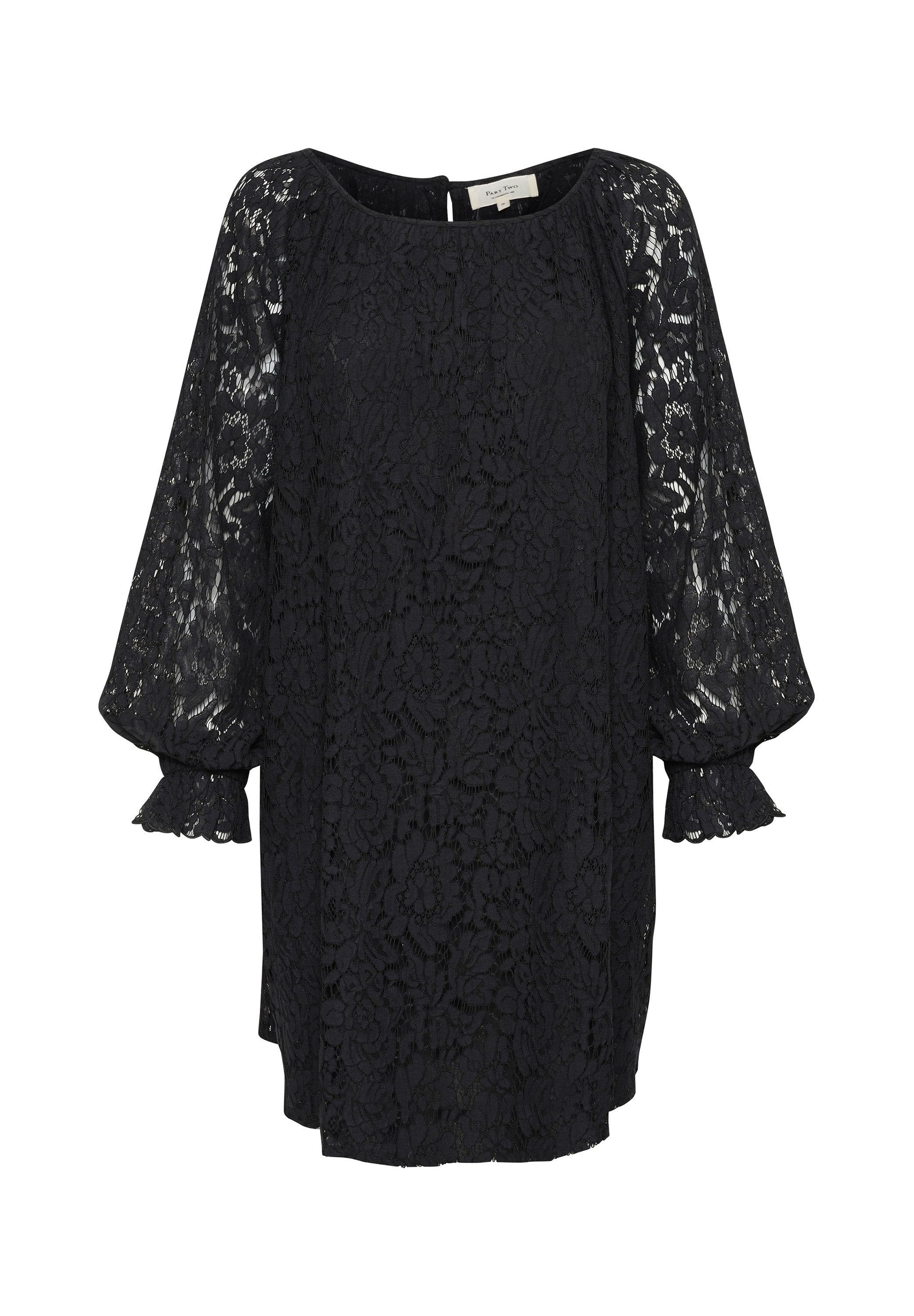 Schwarze Spitzenbluse mit rundem Ausschnitt, Fledermausärmeln und Rüschensäumen. Verfügt über ein Blumenmuster und einen Schlüssellochausschnitt hinten.