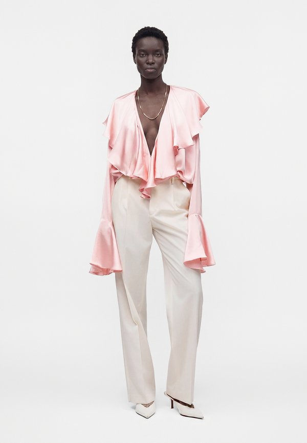 Norma Kamali LONG SLEEVE DEEP V RUFFLE BODYSUIT