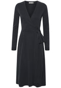 Schwarzes Wickelkleid mit langen Ärmeln, aus weichem Stoff gefertigt, verfügt über einen Bindegürtel in der Taille und einen V-Ausschnitt, was eine figurschmeichelnde Silhouette bietet.