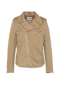 Beige Baumwolljacke mit Schalkragen und asymmetrischem Frontreißverschluss. Verfügt über eine mit Reißverschluss versehene Brusttasche und geknöpfte Seitentaschen.