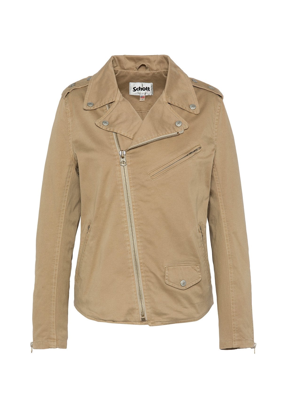 Beige Baumwolljacke mit Schalkragen und asymmetrischem Frontreißverschluss. Verfügt über eine mit Reißverschluss versehene Brusttasche und geknöpfte Seitentaschen.