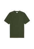 Olivgrünes Kurzarm-T-Shirt aus Baumwolle, mit Rundhalsausschnitt und einer glatten, strukturierten Oberfläche. Keine sichtbaren Muster oder Akzente.