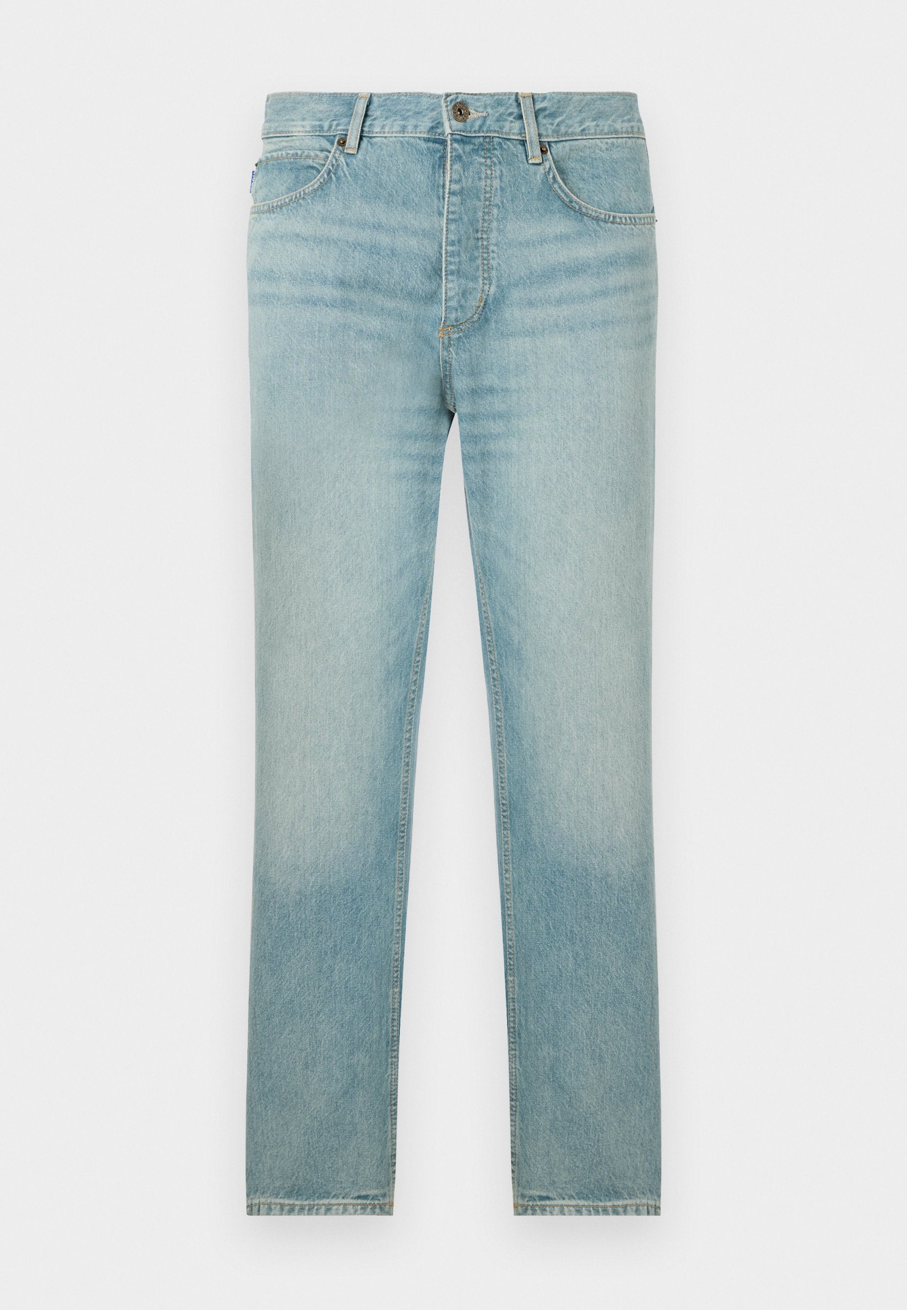 Hellblaue Denim-Jeans mit geradem Bein, mit einem verblassten Washed-Effekt, fünf Taschen und einer knopfseitigen Verschließung.