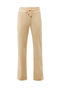 Beige, weite Hose aus weichem Stoff. Mit elastischem Bund und Kordelzug, seitlichen Nähten und einer glatten Textur. Geeignet für die Freizeit.