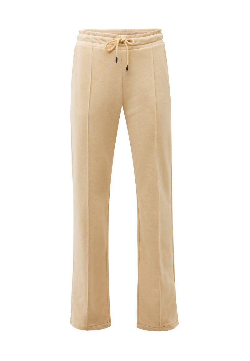 Beige, weite Hose aus weichem Stoff. Mit elastischem Bund und Kordelzug, seitlichen Nähten und einer glatten Textur. Geeignet für die Freizeit.