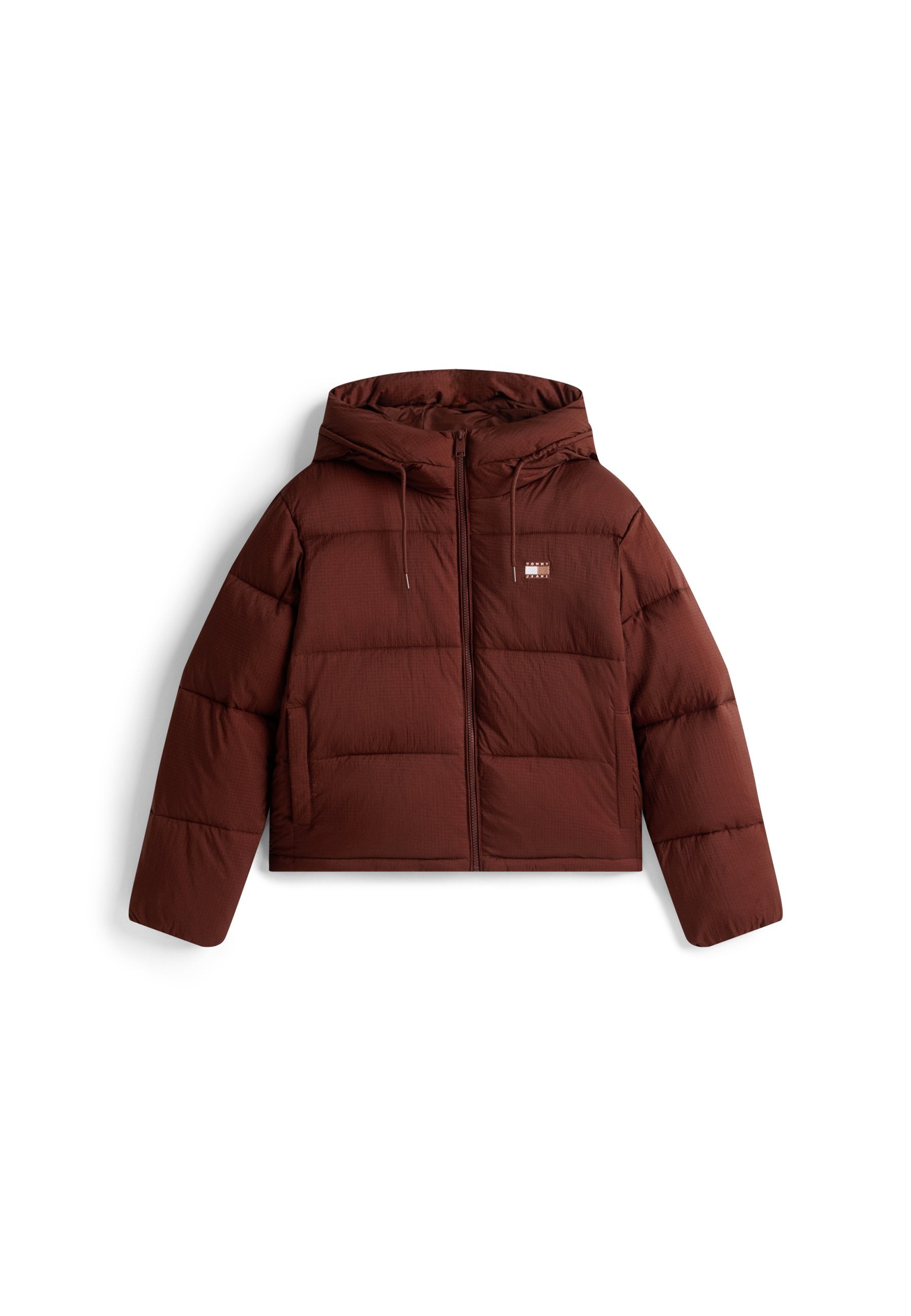 Braune Puffjacke mit Kapuze, ausgestattet mit einem Vorderreißverschluss und einem Kordelzug, gestepptem Design und zwei Fronttaschen.