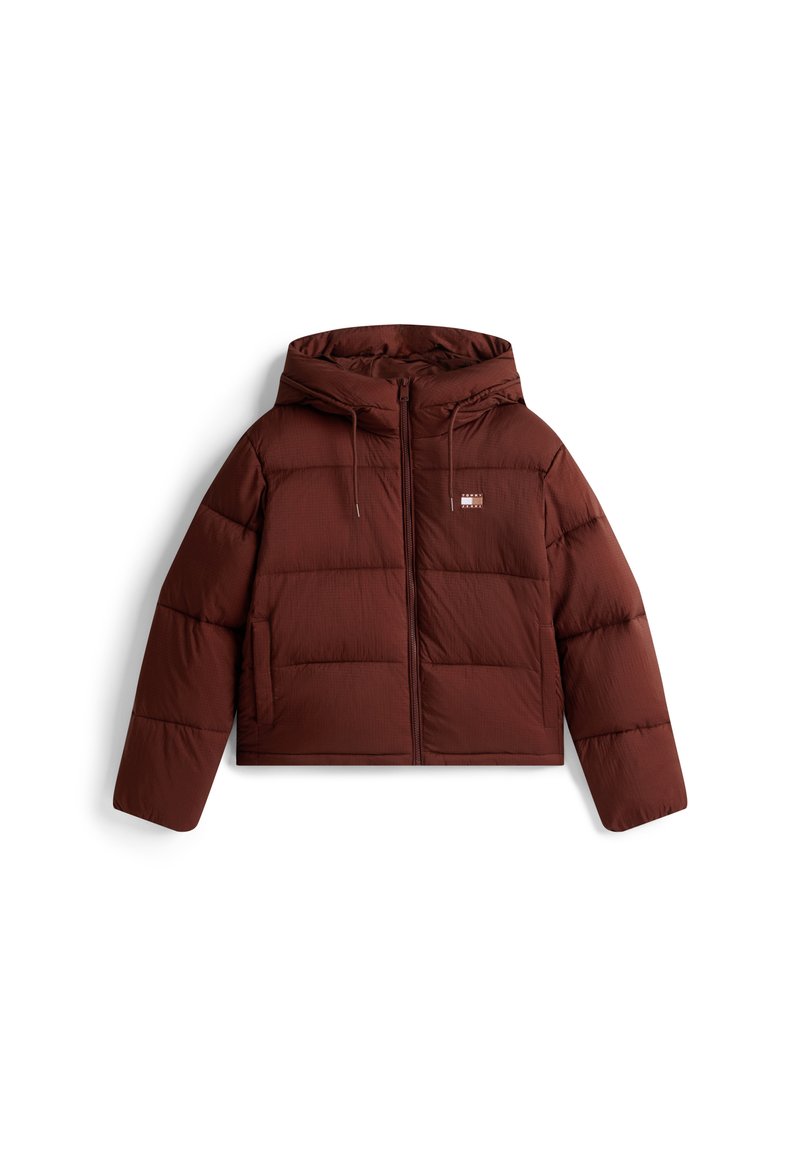 Braune Puffjacke mit Kapuze, ausgestattet mit einem Vorderreißverschluss und einem Kordelzug, gestepptem Design und zwei Fronttaschen.