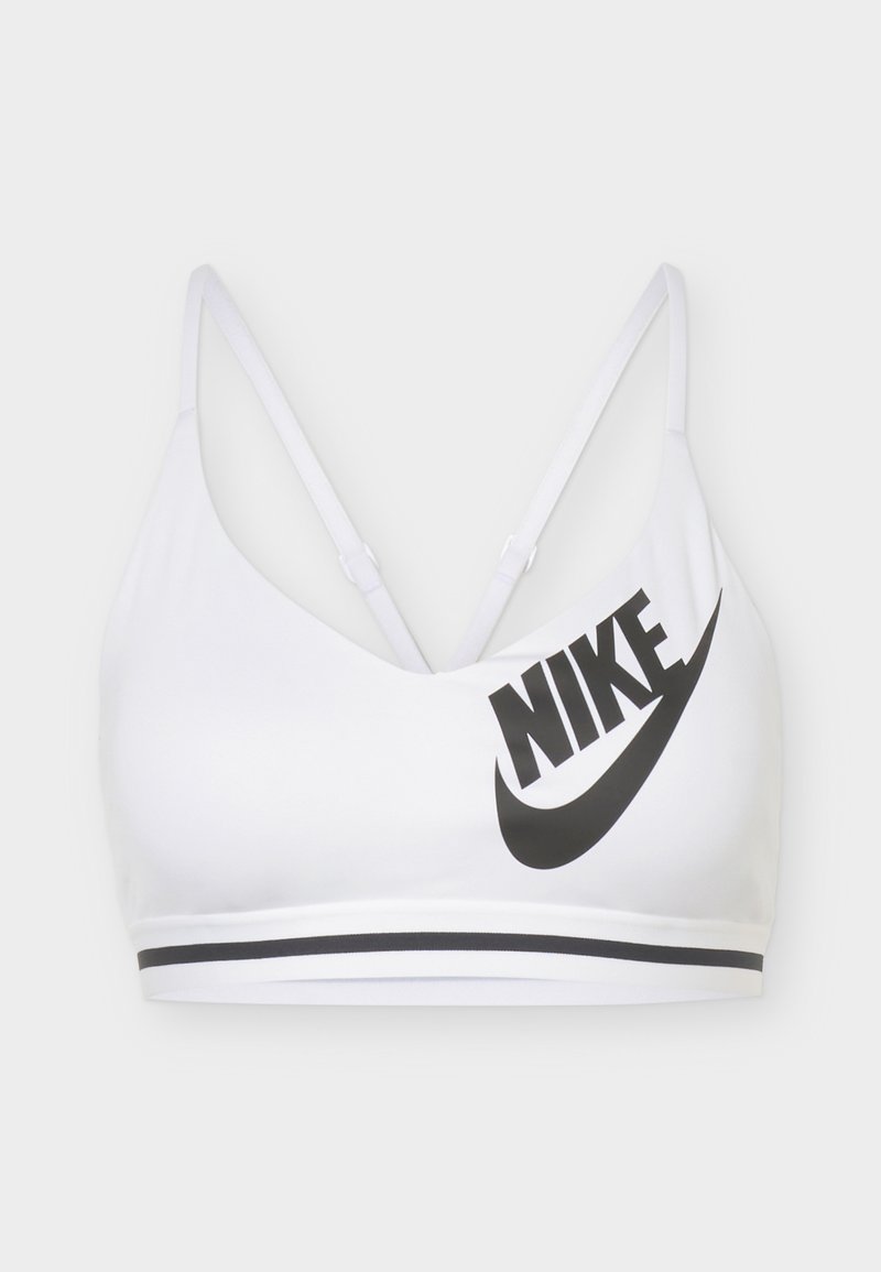 Weißer Nike Sport-BH mit verstellbaren dünnen Trägern, schwarzem Swoosh-Logo auf der linken Seite und schwarz gestreiftem elastischem Bund unter der Brust.