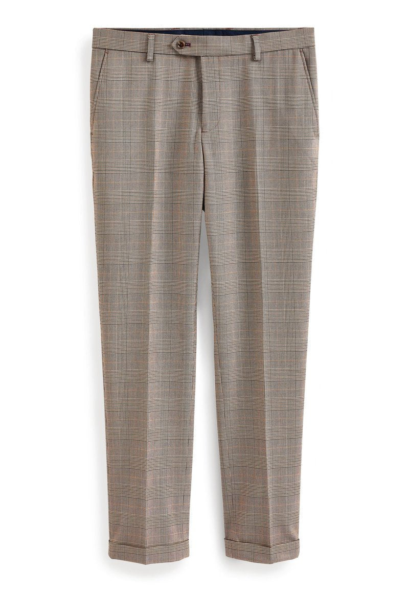Beige karierte maßgeschneiderte Hose mit Schlaufen, seitlichen Taschen, vorderem Knopf und umgeschlagenen Säumen.
