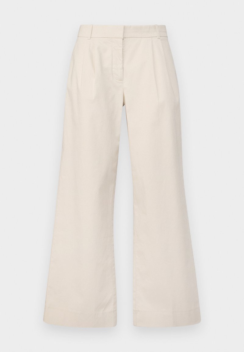 Beige weit geschnittene Hosen aus leichtem Stoff, mit flachem Bund, zwei Falten und einem klaren, minimalistischen Design.