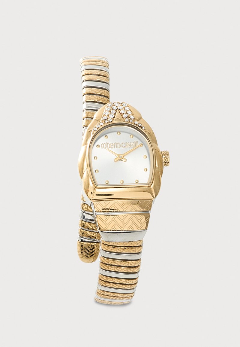 Goldene und silberne Roberto Cavalli Armbanduhr mit einem gewölbten Zifferblatt, Kristallverzierungen und einem gemusterten flexiblen Armband.