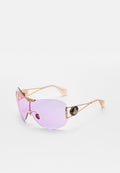 Schicke Sonnenbrille mit goldgerahmten, großen, verlaufend lila Gläsern und schwarzem Logodetail an den Bügeln, präsentiert vor weißem Hintergrund.