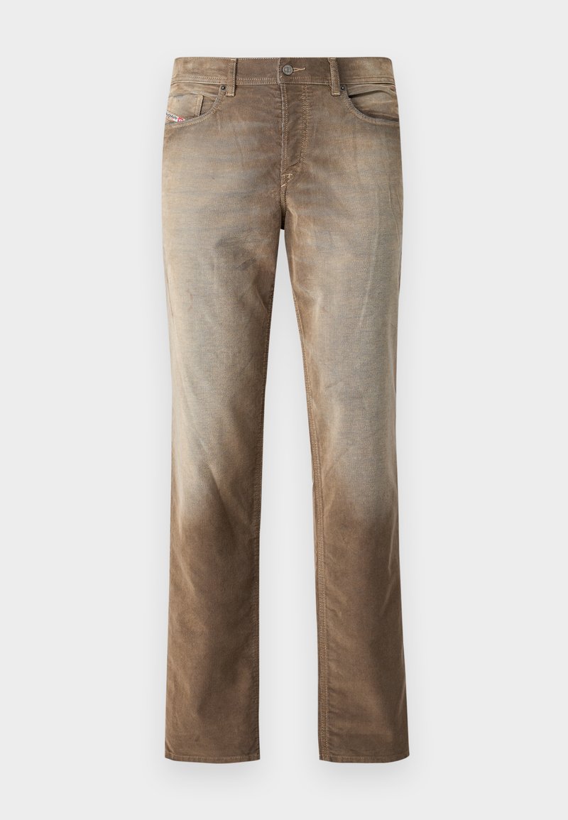 Braune Baumwolljeans mit einem ausgewaschenen Finish, geradem Beindesign, fünf Taschen und einem Metallknopfverschluss. Subtile Textur mit einem abgenutzten Erscheinungsbild.