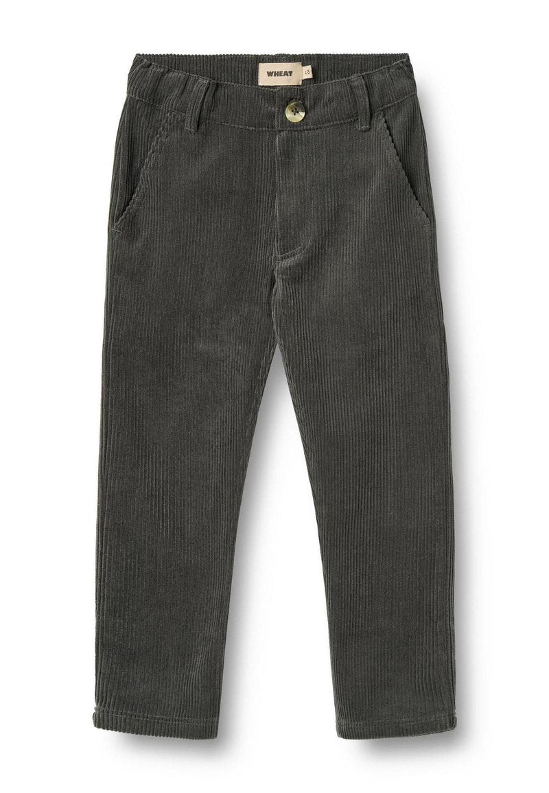 Graue Cordhose mit geradem Schnitt, ausgestattet mit Knopfleiste, Gürtelschlaufen und vier Taschen. Strukturierter Stoff mit vertikalen Rillen.