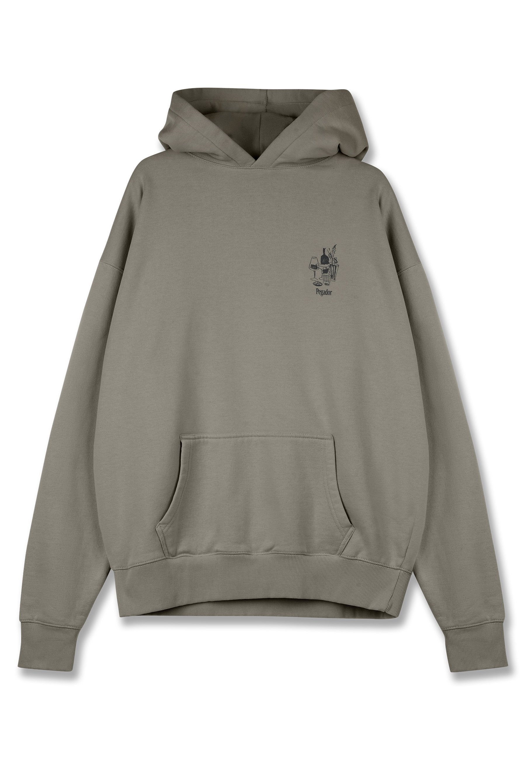 Olivgrüner Hoodie mit einer Fronttasche, geripptem Saum und Bündchen, verfügt über ein kleines grafisches Design auf der linken Brust. Weiches Material, entspannte Passform.