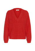 Helle rote, langärmelige Pullover aus Kabelstrick mit tiefem V-Ausschnitt sowie gerippten Bündchen und Saum, mit dem Etikett "soaked" im Kragen.