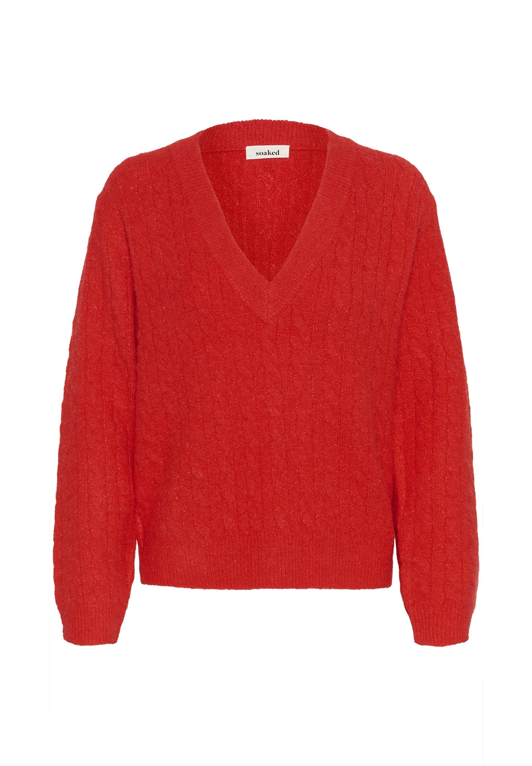 Helle rote, langärmelige Pullover aus Kabelstrick mit tiefem V-Ausschnitt sowie gerippten Bündchen und Saum, mit dem Etikett "soaked" im Kragen.