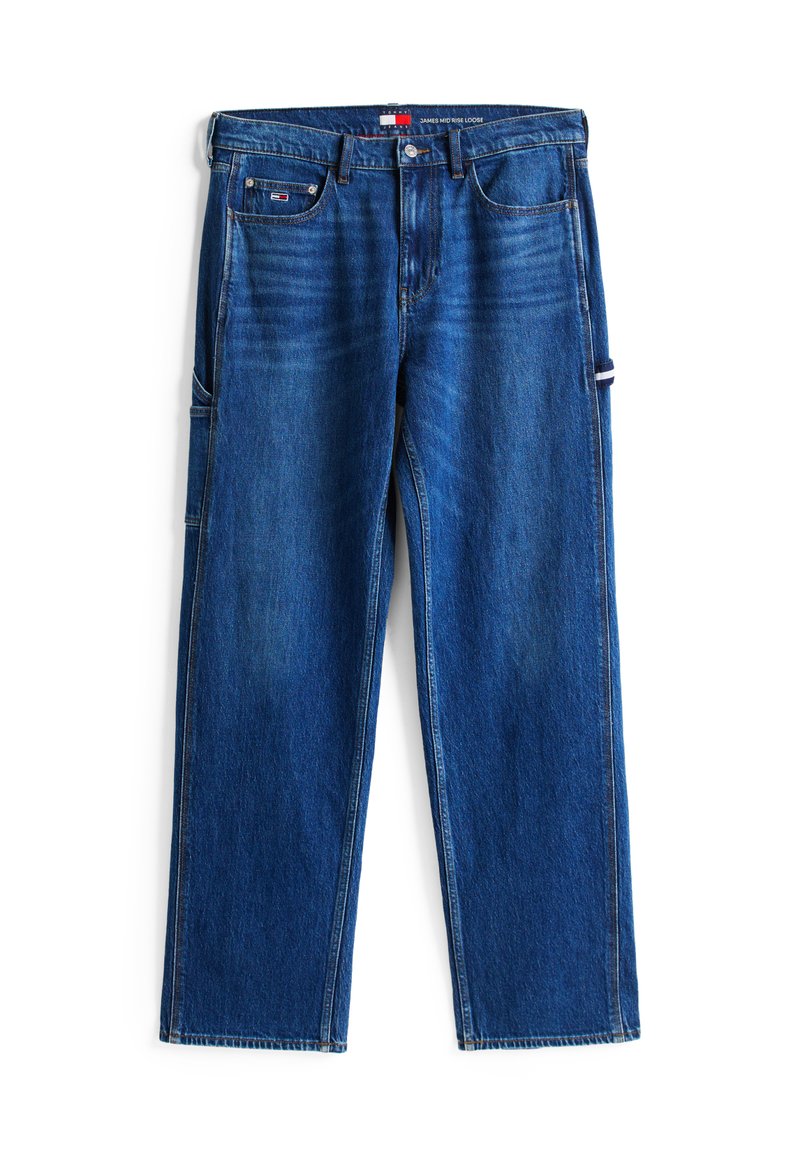 Blaue Jeans aus Denim mit mittelhohem Bund, geraden Beinen und Seitentaschen. Verfügt über Steppdetails und ein kleines Logo-Patch am Bund.