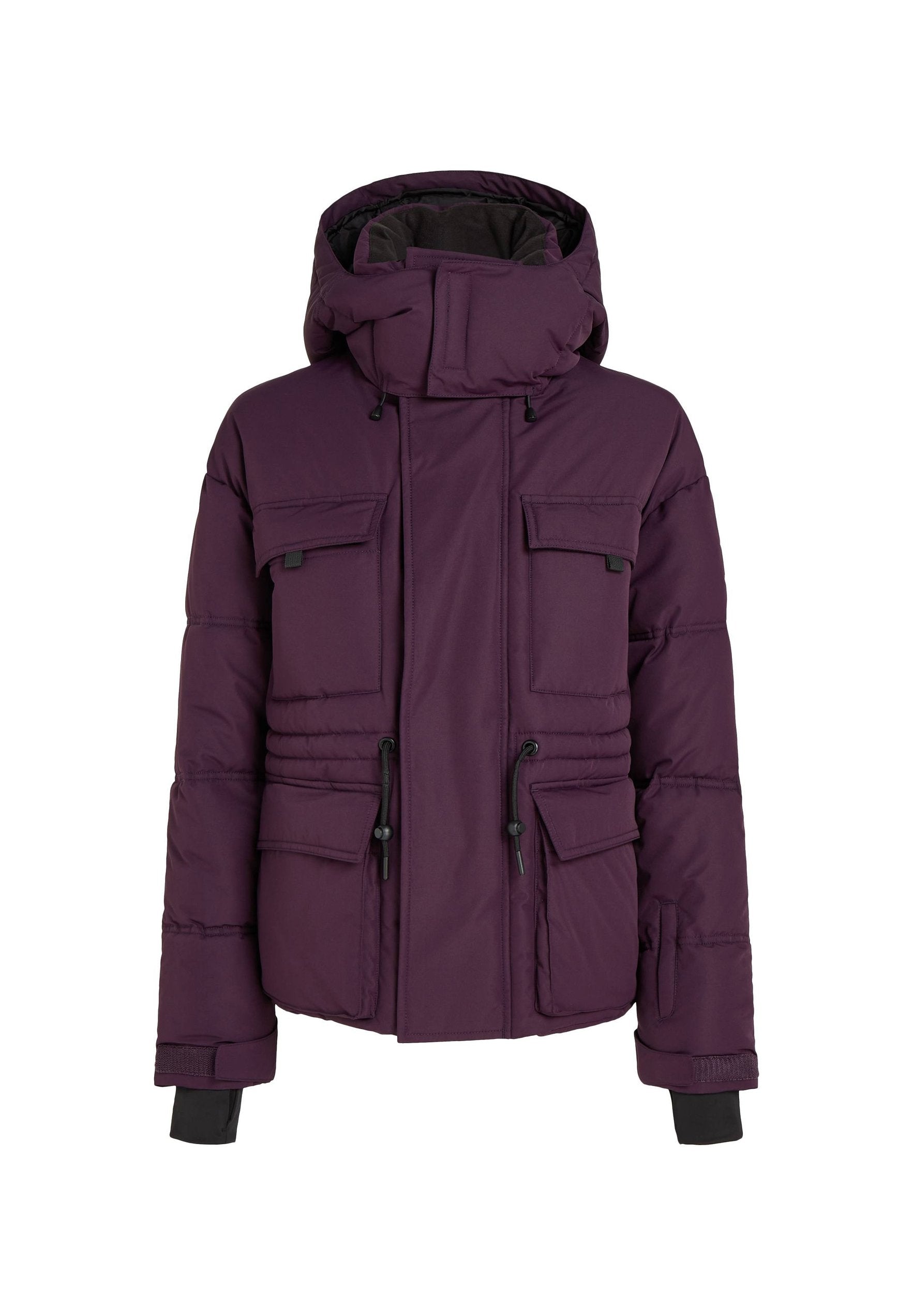 Lila Daunenjacke mit Kapuze, ausgestattet mit vier Außentaschen, Kordelzug-Verschlüssen und gerippten Bündchen. Glatte, gesteppten Textur.