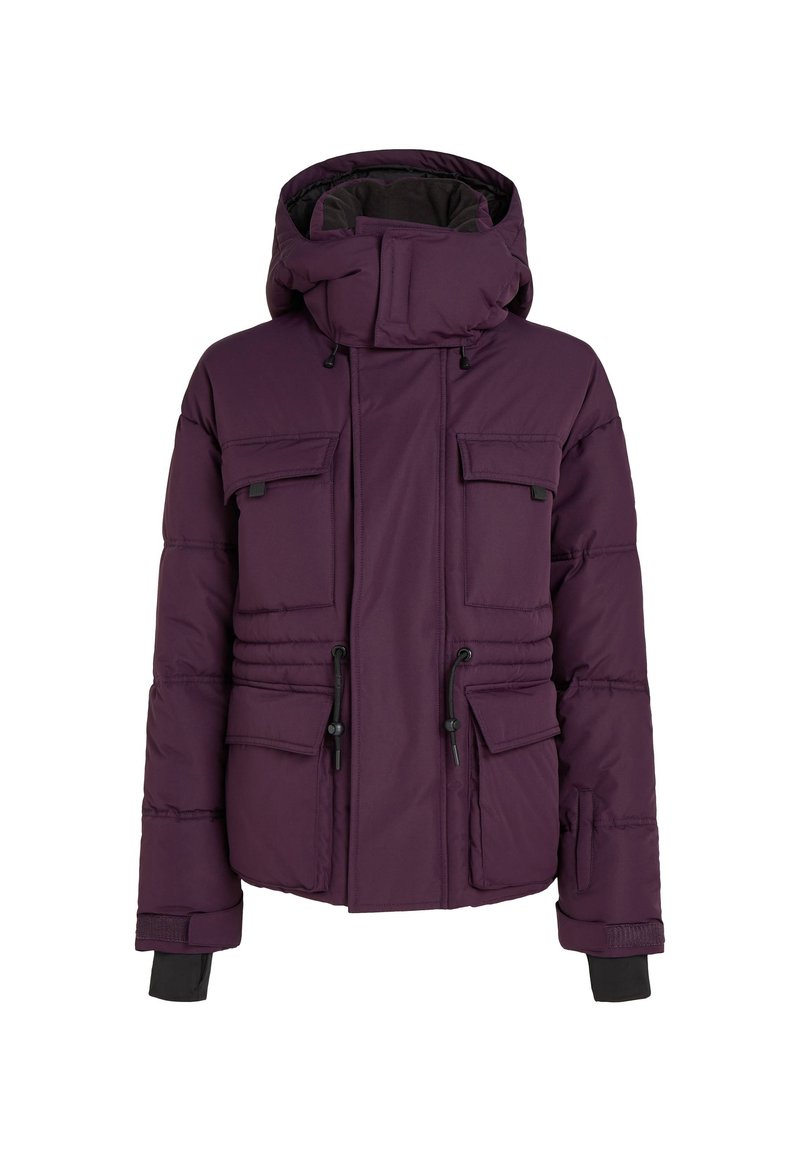 Lila Daunenjacke mit Kapuze, ausgestattet mit vier Außentaschen, Kordelzug-Verschlüssen und gerippten Bündchen. Glatte, gesteppten Textur.