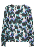 Langärmlige Bluse aus leichtem Stoff mit einem schwarz, türkis und lila abstrakten Muster; weiche Textur; elastische Bündchen und Knopfverschluss hinten.