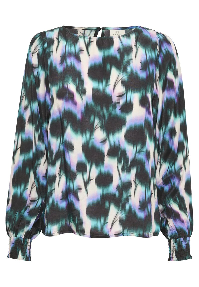 Langärmlige Bluse aus leichtem Stoff mit einem schwarz, türkis und lila abstrakten Muster; weiche Textur; elastische Bündchen und Knopfverschluss hinten.