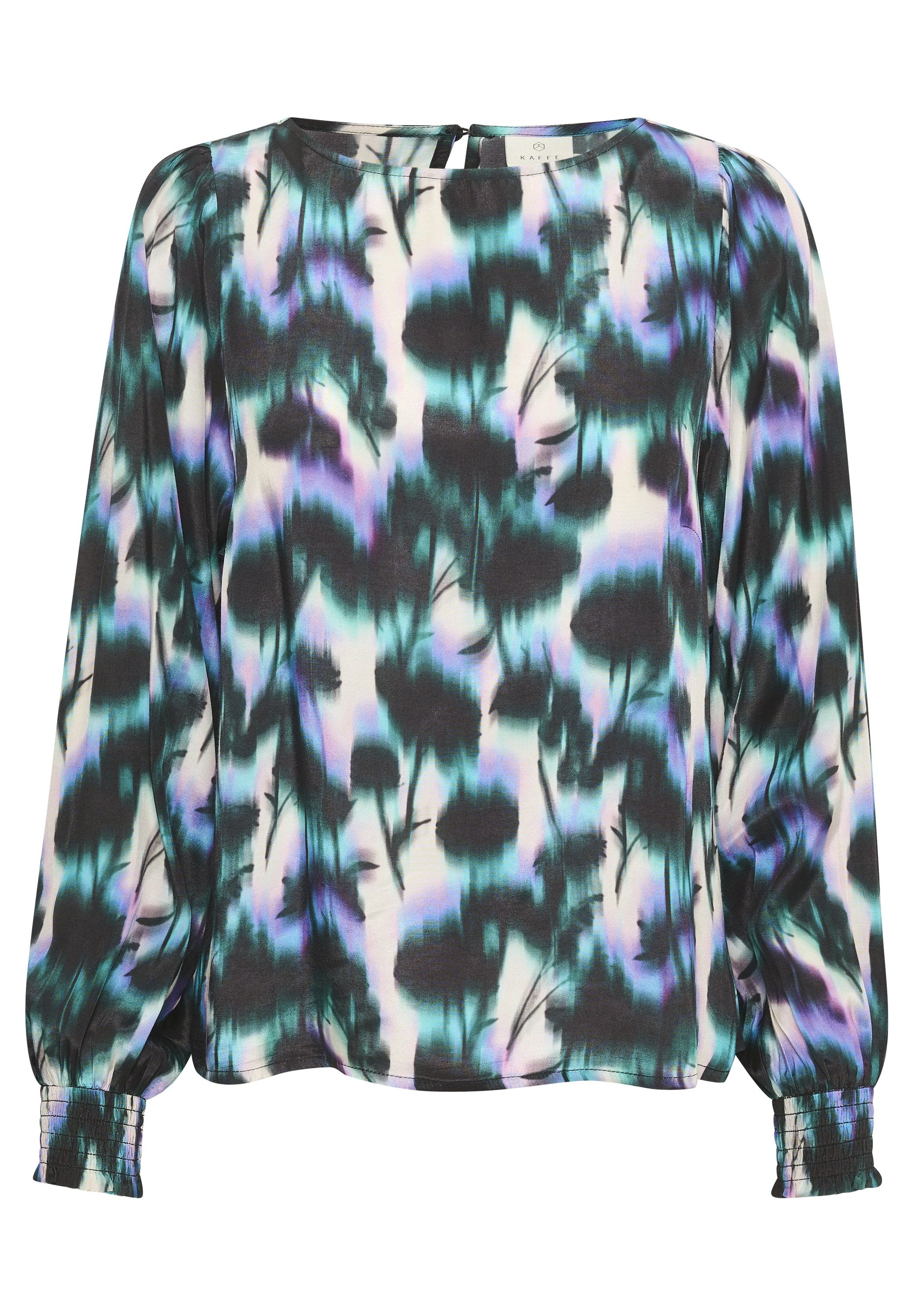 Langärmlige Bluse aus leichtem Stoff mit einem schwarz, türkis und lila abstrakten Muster; weiche Textur; elastische Bündchen und Knopfverschluss hinten.