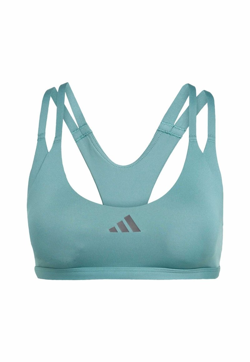 Teal Sport-BH mit Rundhalsausschnitt, gekreuzten Trägern und einem grau-dezenten Logo. Hergestellt aus glattem, dehnbarem Material.