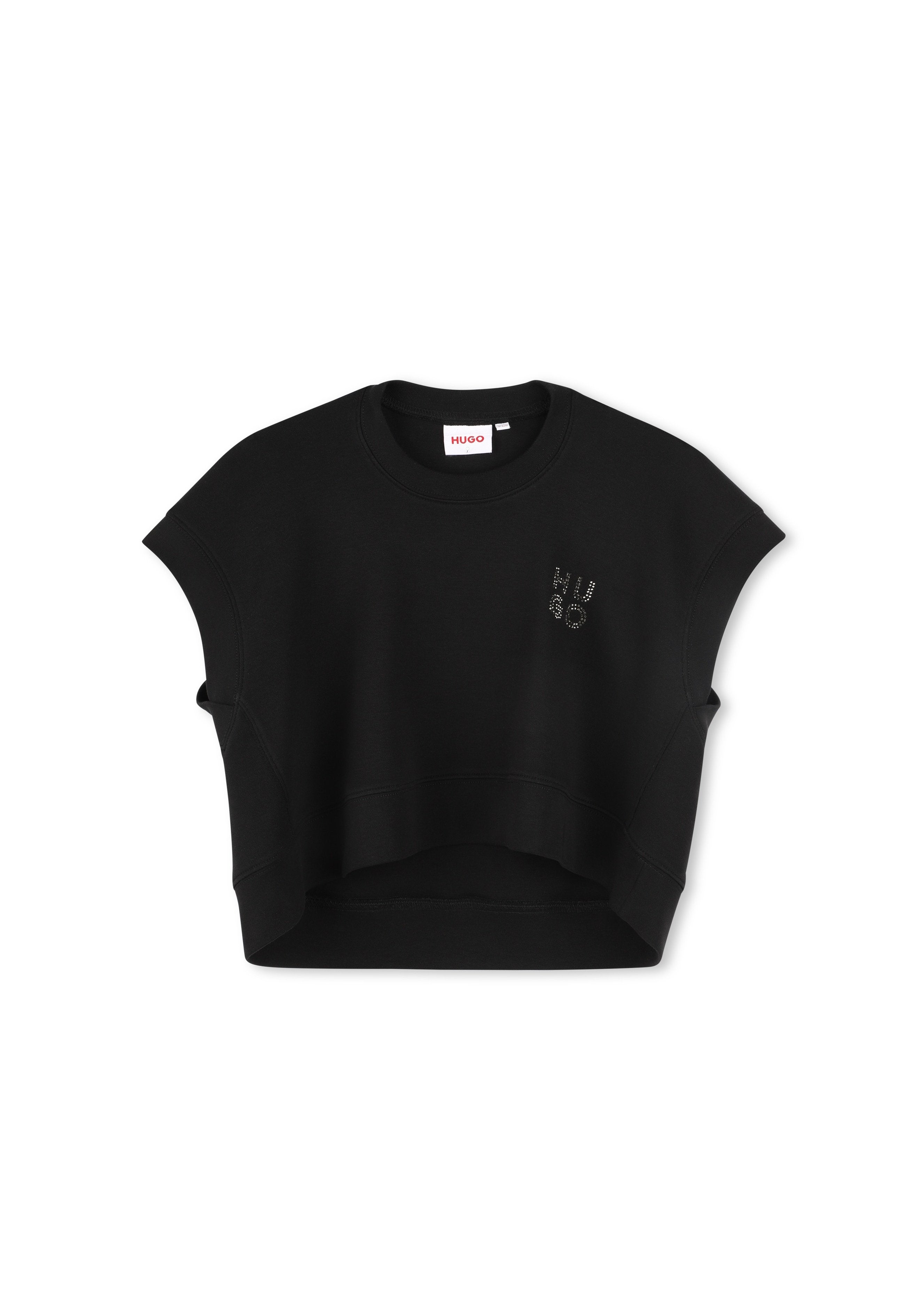 Schwarzer, verkürzter Sweatshirt mit kurzen Ärmeln, runder ausschnitt und einem dezenten Logoakzent aus Strass auf der Brust.