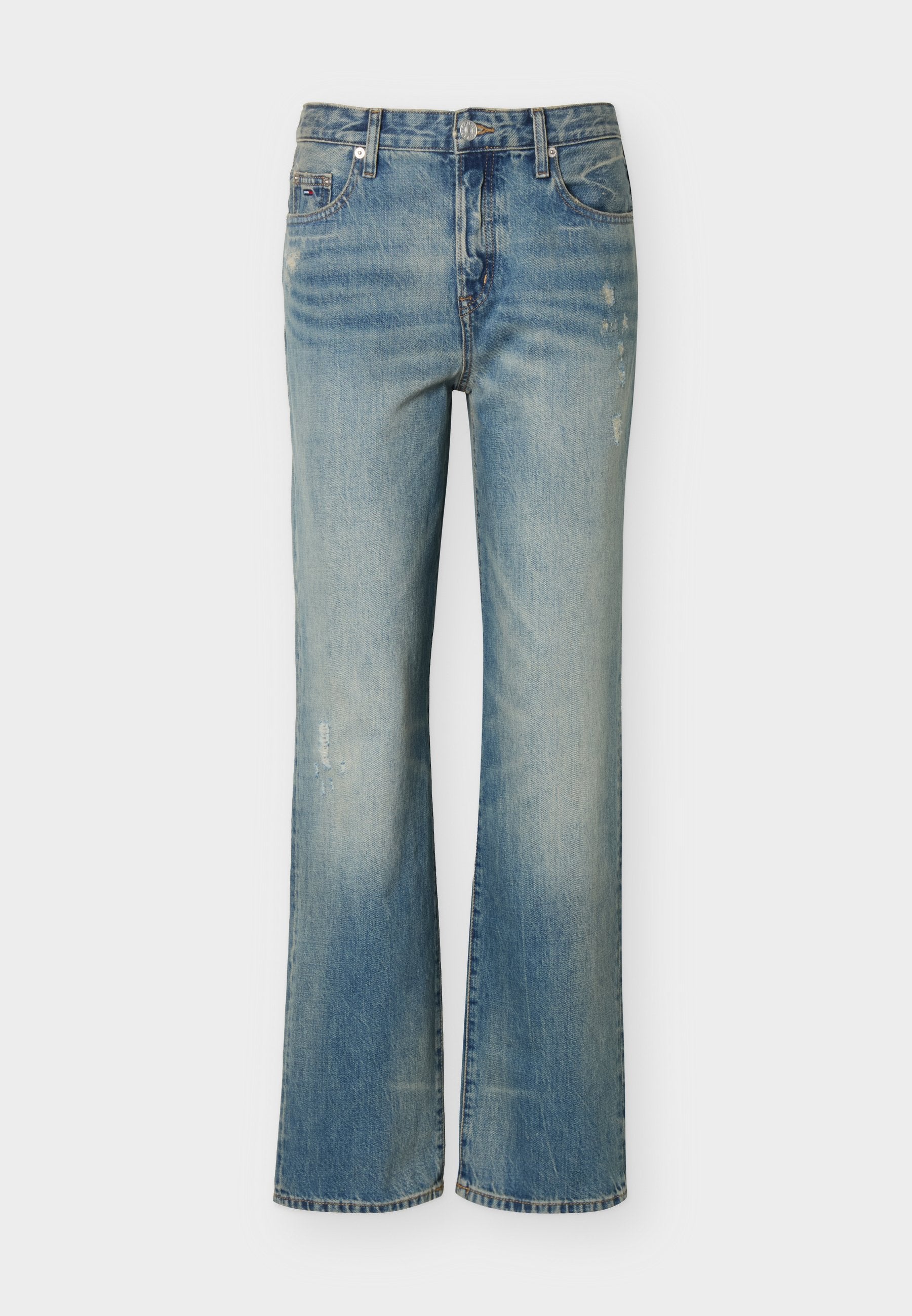 Hellblaue gerade geschnittene Jeans aus Denim mit verblasstem Waschungseffekt, dezenten Used-Details, Vorderknopfverschluss und Fünf-Taschen-Design.