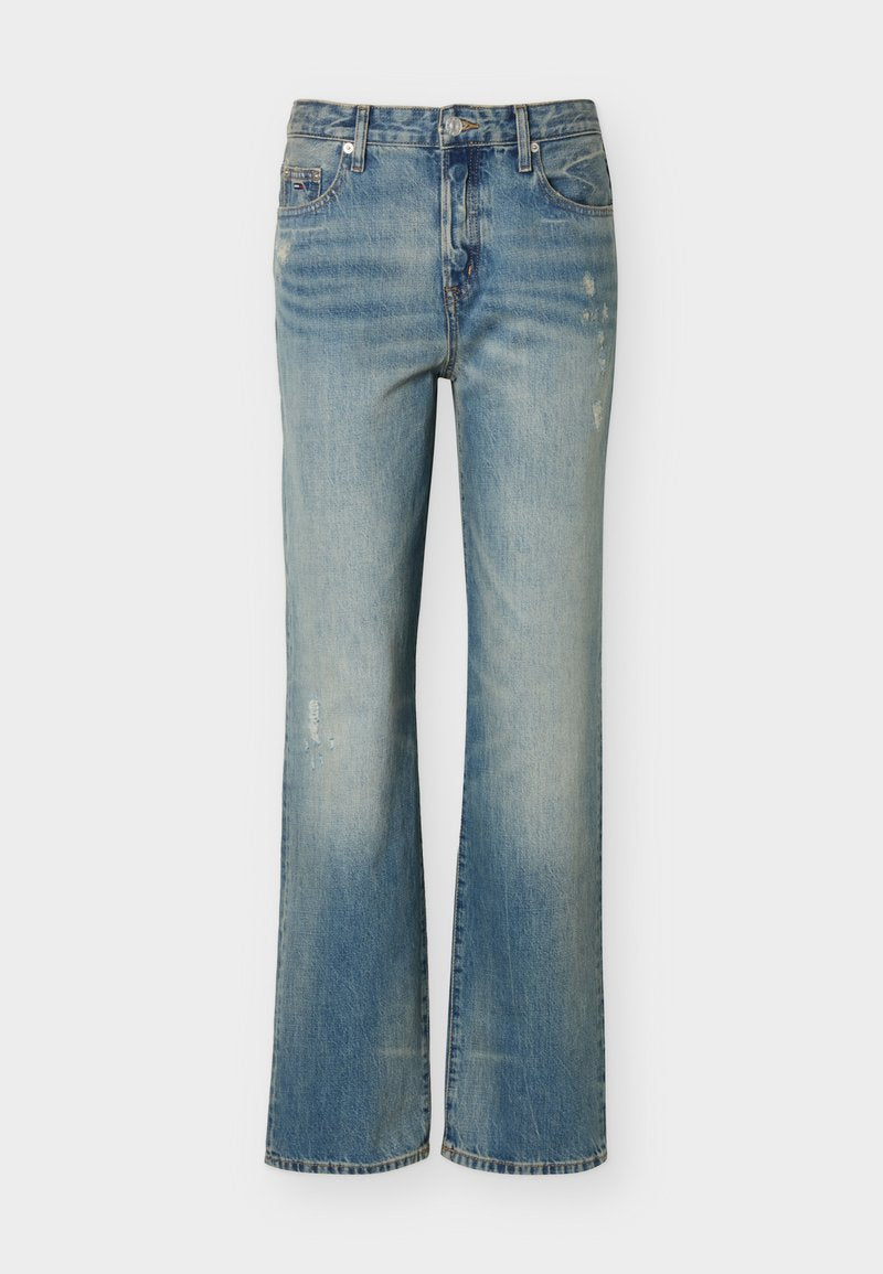 Hellblaue gerade geschnittene Jeans aus Denim mit verblasstem Waschungseffekt, dezenten Used-Details, Vorderknopfverschluss und Fünf-Taschen-Design.
