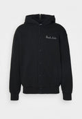Schwarzer Hoodie aus weichem Material, mit einem Frontverschluss aus Druckknöpfen und Seitentaschen. Bestickter "Dark Side"-Text auf der Brust.