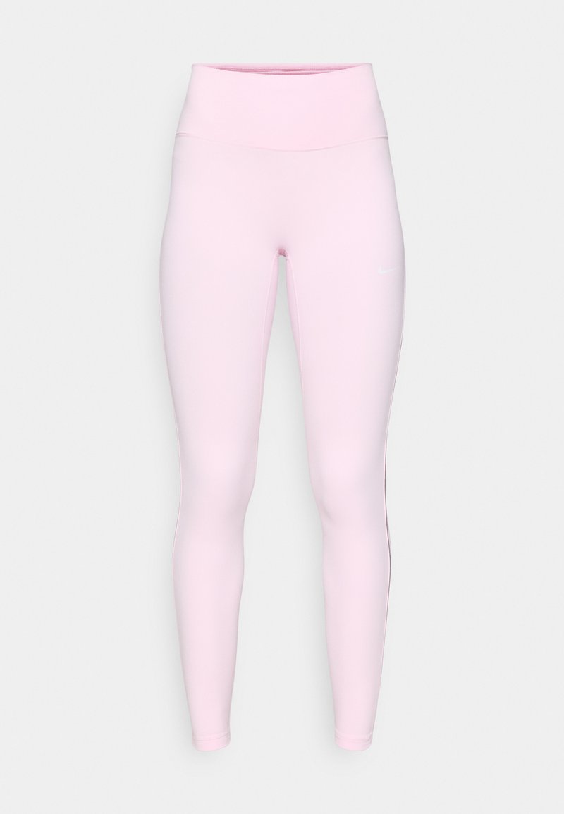 Rosa Leggings mit hohem Taillenbund, aus dehnbarem Material gefertigt. Verfügt über ein dezentes Nike-Logo an der Seite und eine glatte Textur im gesamten Bereich.