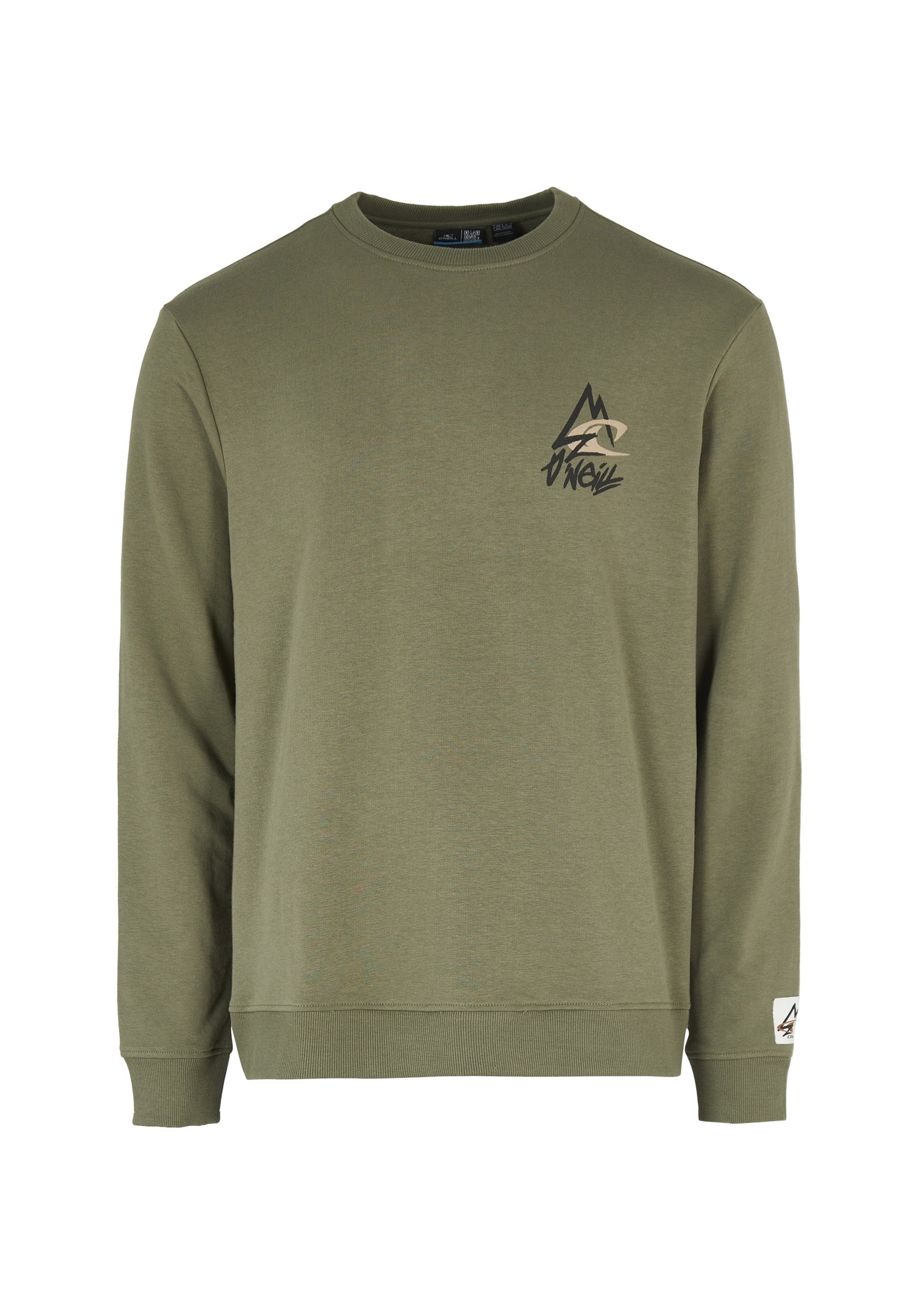 Olivgrüner Sweatshirt mit langen Ärmeln, gerippten Bündchen und Saum, das ein Berglogo und den Markennamen auf der Brust bedruckt hat.