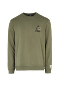 Olivgrüner Sweatshirt mit langen Ärmeln, gerippten Bündchen und Saum, das ein Berglogo und den Markennamen auf der Brust bedruckt hat.