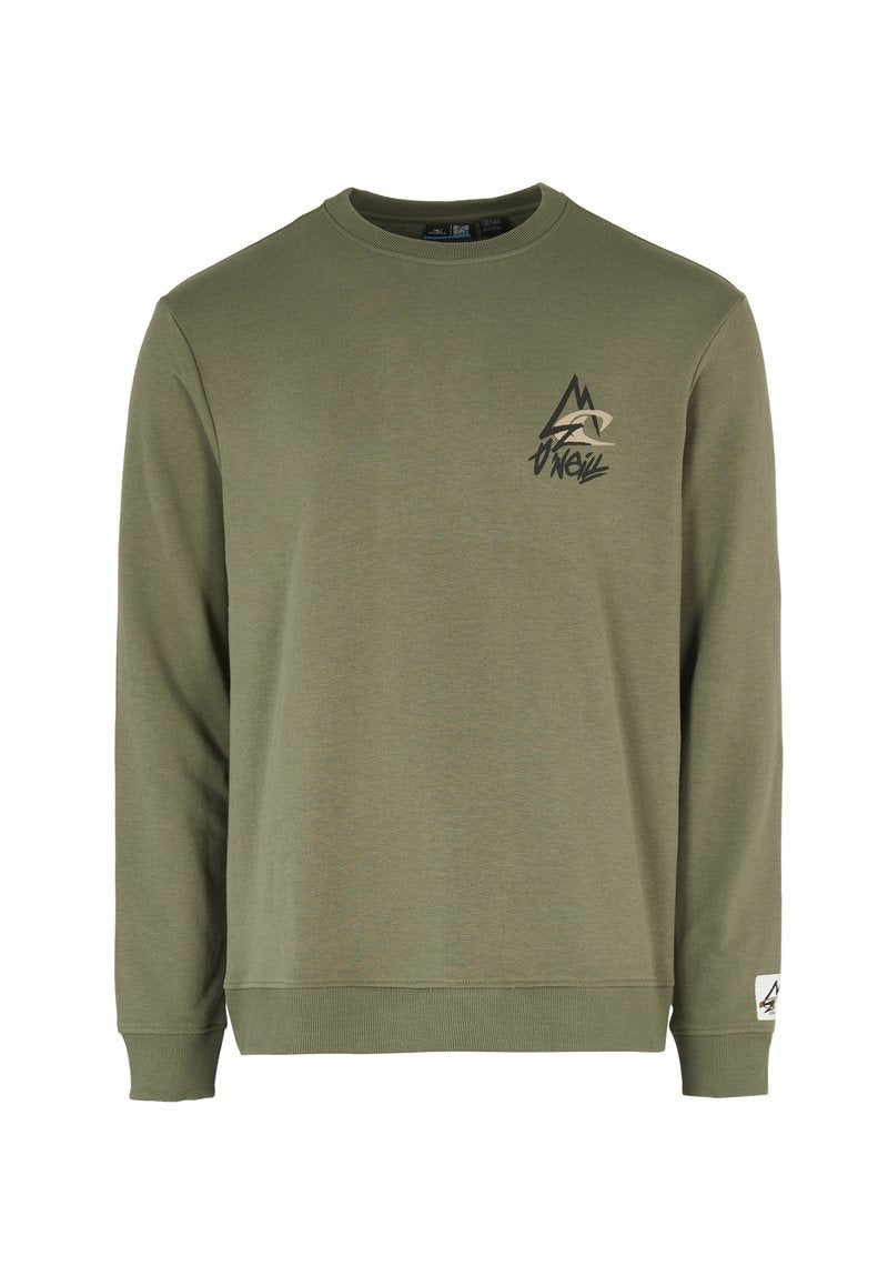 Olivgrüner Sweatshirt mit langen Ärmeln, gerippten Bündchen und Saum, das ein Berglogo und den Markennamen auf der Brust bedruckt hat.