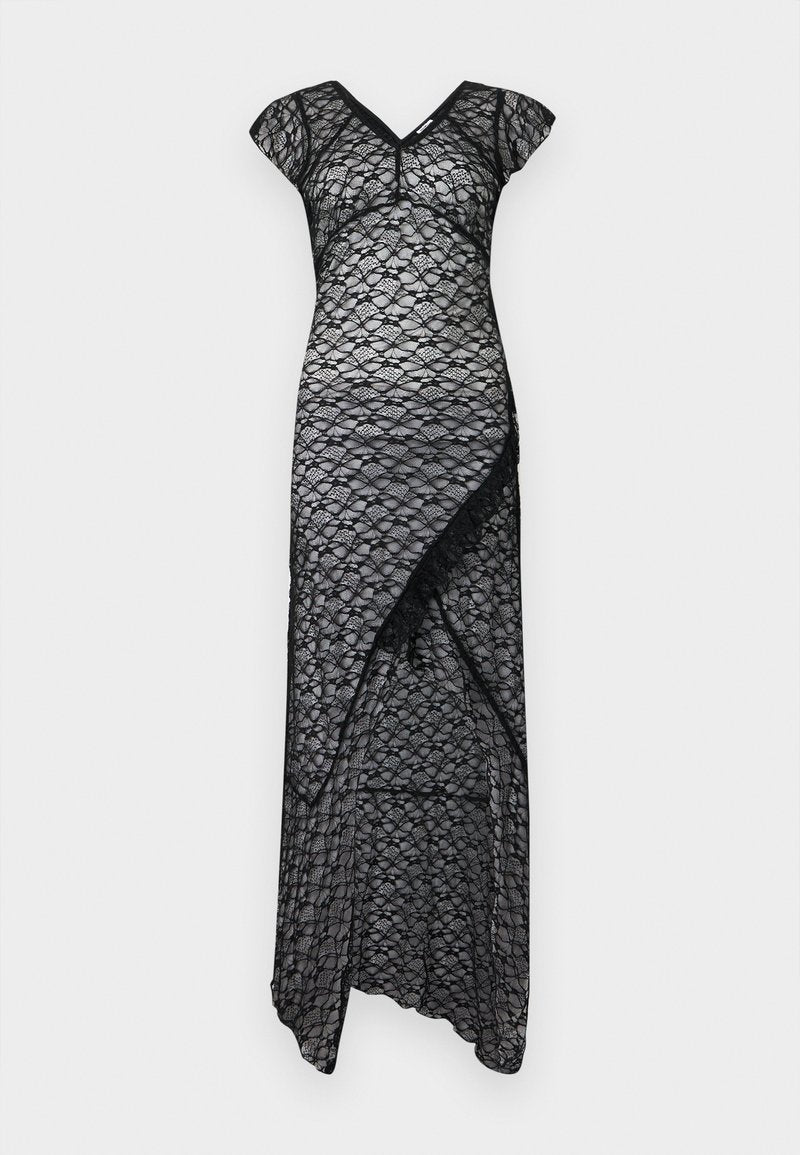 Schwarzes Maxikleid aus Spitze mit kurzen Ärmeln, V-Ausschnitt und asymmetrischem Saum. Verfügt über ein florales Muster und eine durchsichtige Textur.