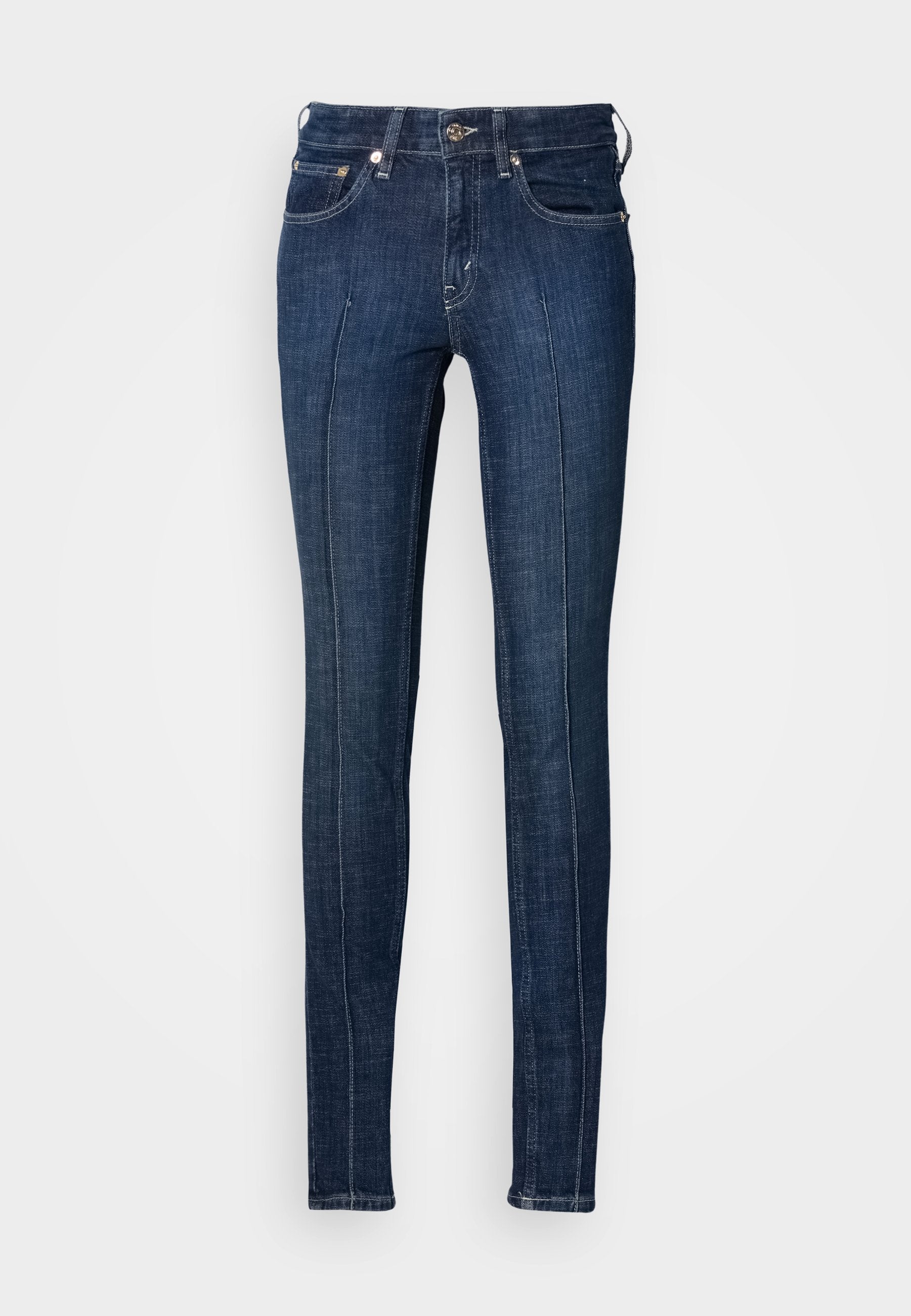 Dunkelblaue Skinny-Jeans aus Denim mit mittelhohem Bund, fünf Taschen und weißen Nähten entlang der Nähte.
