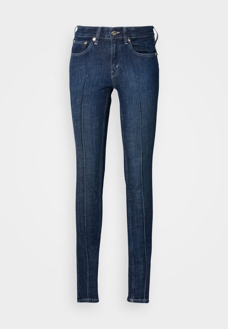 Dunkelblaue Skinny-Jeans aus Denim mit mittelhohem Bund, fünf Taschen und weißen Nähten entlang der Nähte.