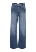 Weite Jeans in mittelblauem Denim, mit hoher Taille, Fünf-Taschen-Design und ausgefransten Säumen für einen lässigen Look.